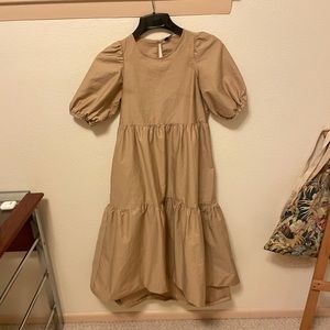 Zara Tan Puff Sleeve Midi Dress